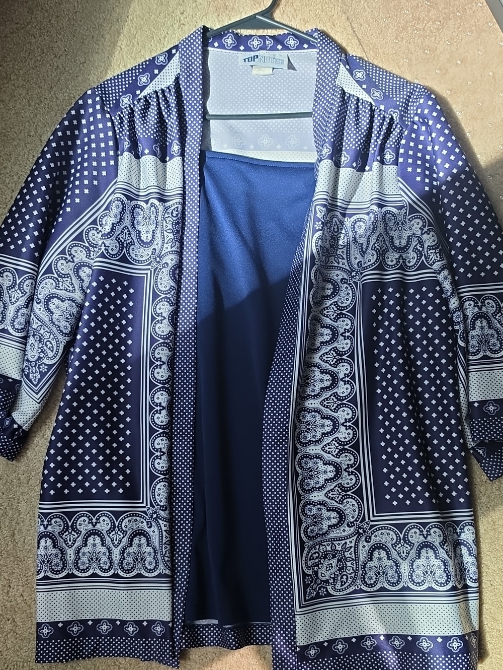 Vintage Navy Blue Printed Open-Front Blouse